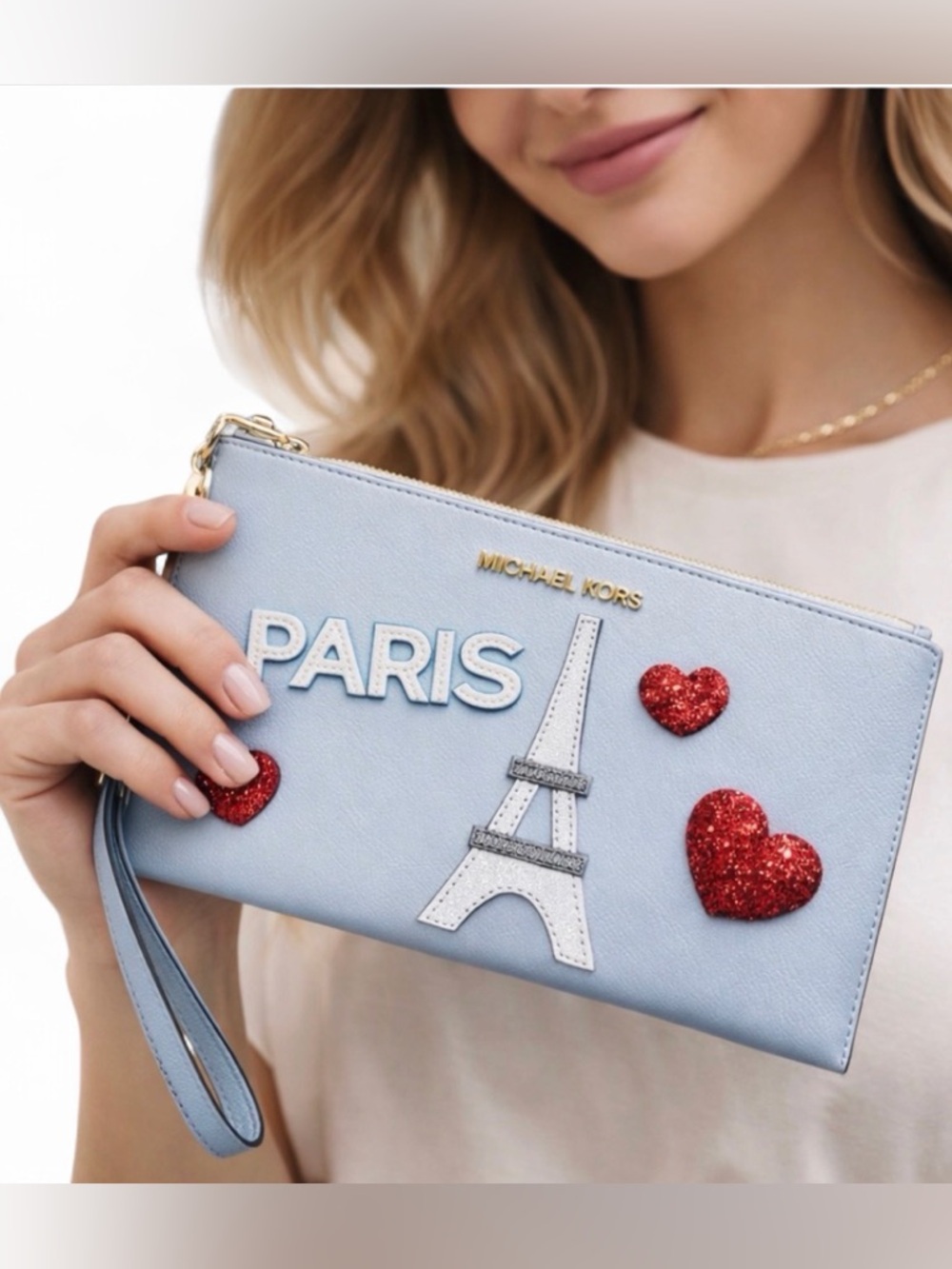 Michael Kors Paris Eiffel Tower Blue Leather Zip Wallet Wristlet Red Heart NWOT